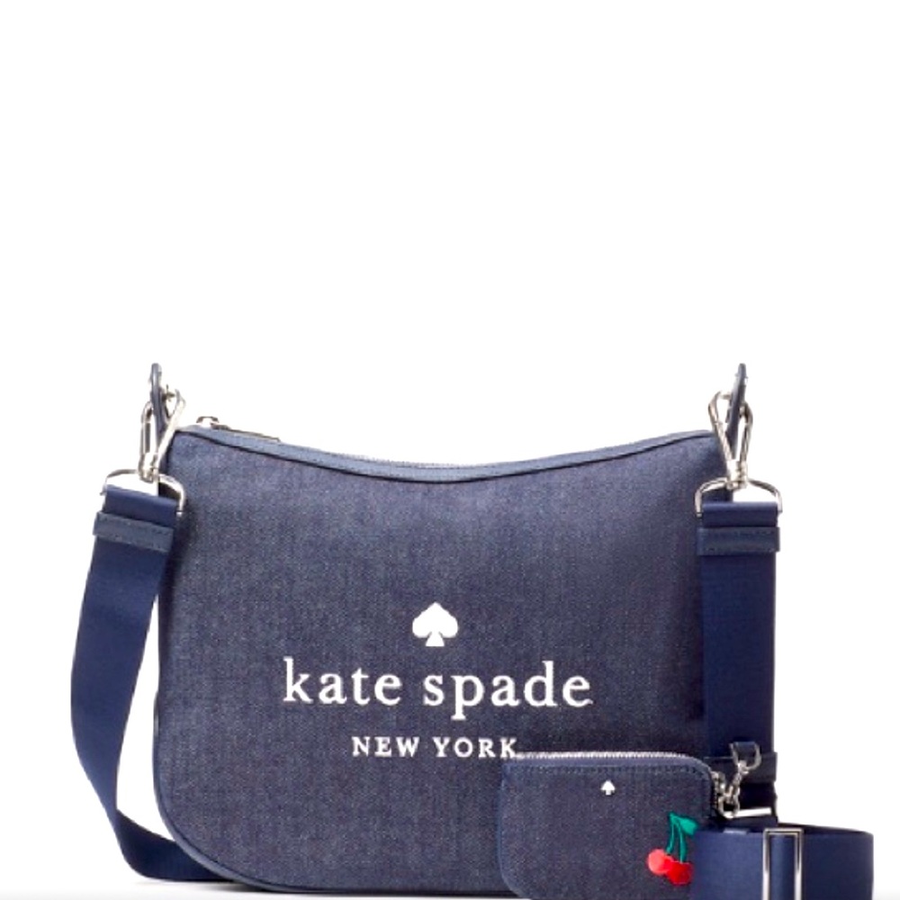 ♠️Kate Spade Rosie Cherry Embroidered Large Crossbody Denim Blue